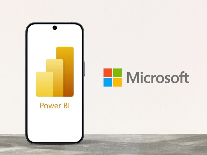 Das Power B I und Microsoft Logo auf einem iPhone.